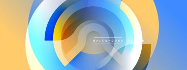 Soyut daireler örtüşüyor, parlak mavi, turuncu gradyanlar yaratıyor. Modern tasarım akıcılık, hareket, dijital sanat estetiği öneriyor.