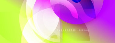 Soyut renkli arkaplan. Üst üste binen şekiller dinamik görsel efekt yaratır. Gradyan geçişler, düz eğriler, modern tasarım elementleri.