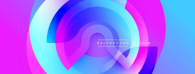 Soyut enerjik tasarım. Üst üste binen daireler akışkan şekiller yaratır, gradyanlar pembeden maviye kayar. Modern estetik, dinamik kompozisyon.