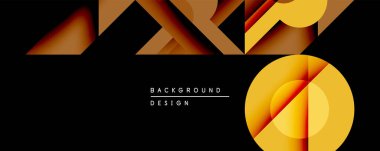 Soyut geometrik tasarım altın şekillerle örtüşüyor. Üçgenler, dikdörtgenler, daire koyu arkaplanda dinamik bileşim oluşturur. Modern, minimalist estetik.