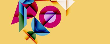 Soyut geometrik bileşim. Canlı şekiller örtüşüyor, dinamik görsel ilgi yaratıyor. Parlak renkler sarı arkaplanda karşıtlık yaratır. Modern tasarım elemanları.