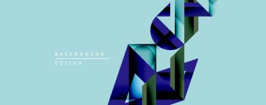 Soyut geometrik tasarım üst üste binen kurdeleler içeriyor. Mavi, deniz mavisi, turkuaz renkler derinlik yaratır. Açık renkli arka plan kontrastlı, modern estetik sağlıyor. Minimalist kompozisyon.