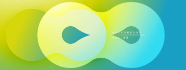 Soyut tasarım özellikleri üst üste binen daireler, farklı renkler. Teal, sarı, yeşil renkler pürüzsüz geçişler yaratıyor, modern estetik.