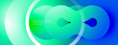 Soyut gradyan şekiller çakışıyor, dinamik görsel etki yaratıyor. Mavi, yeşil renkler kompozisyona hakim. Mevcut en küçük metin.