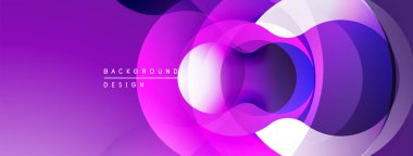 Soyut mor tasarım, üst üste binen daireler. Gradyan gölgeler derinlik yaratır, modern estetik. Minimalist kompozisyon, canlı renkler.