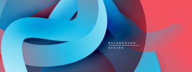 Soyut sıvı şekilleri üst üste binerek dinamik bileşim oluşturur. Mavi, kırmızı renkler dizaynın baskın rengidir. Hareket ve enerji önerir..