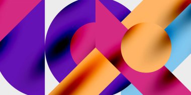 Soyut geometrik şekiller örtüşüyor, canlı renk eğimleri yaratıyor. Kompozisyon siyah arkaplanda daireler, üçgenler, dikdörtgenler oluşturur.