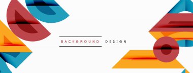 Soyut geometrik şekiller örtüşür ve canlı bir tasarım yaratır. Turuncu, kırmızı, mavi tonlar beyaz arkaplana hakim. Minimalist metin mevcut.