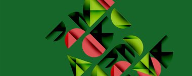 Soyut geometrik şekiller örtüşür ve metin oluşturur. Yeşil zemin kırmızı ve sarı elementlerle çelişiyor. Modern tasarım, dinamik kompozisyon.