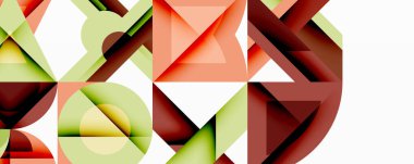 Soyut geometrik bileşim. Şekiller örtüşüyor, canlı renk kalıpları yaratıyor. Modern tasarım, temiz çizgiler, görsel uyum.