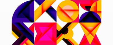 Soyut geometrik bileşim. Canlı renkler, üçgenler, daireler dinamik görsel etki yaratır. Modern tasarım, kalın şekiller, temiz çizgiler..