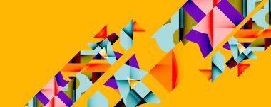 Soyut geometrik şekiller sarı arkaplanla örtüşür. Parlak renkler dinamik görsel doku yaratır. Modern tasarım ögeleri cesur kompozisyon sunar.