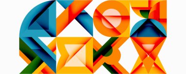 Soyut geometrik şekiller örtüşür ve canlı bir bileşim yaratır. Turuncu, mavi, sarı baskın tasarım. Minimalist stil.