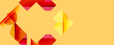 Soyut geometrik şekiller, canlı kırmızılar, sarılar baskın gelir. Tasarım enerji, hareket, modern estetik öneriyor. Sıcak renk paleti dinamik görsel etki yaratır.