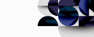 Üst üste binen daireler, yarı daireler, mavi, gri, beyaz tonlarında soyut kompozisyon. Minimalist tasarım, modern estetik.