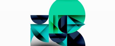 Soyut geometrik şekiller örtüşür, dinamik bileşim yaratır. Teal, donanma palete hakim. Minimalist tasarım modern estetiği çağrıştırıyor.