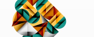 Soyut geometrik şekiller örtüşür, karmaşık desenler yaratır. Renkler altın, deniz mavisi, kahverengi, beyaz. Minimalist tasarım, modern estetik.