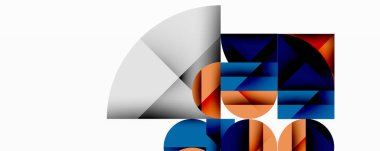 Soyut geometrik bileşim. Şekiller örtüşüyor, dinamik görsel ilgi yaratıyor. Renkler arasında mavi, turuncu, kırmızı, gri yer alıyor. Minimalist tasarım.