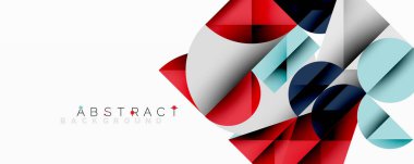 Geometrik şekiller örtüşür, canlı ve soyut bir bileşim yaratır. Kırmızı, mavi, beyaz baskın tasarım. Modern estetik.