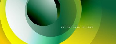 Soyut geometrik tasarım. Üst üste binen daireler parlak renk eğimleri yaratıyor, sarıdan yeşile. Modern estetik, arka planlar için uygun.