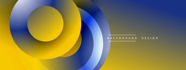 Soyut tasarım özellikleri üst üste binen daireler, farklı renkler. Mavi, sarı renkler dinamik görsel efekt yaratır. Modern, şık bir sunum.