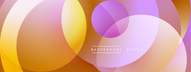 Soyut renkli şekiller örtüşür, dinamik görsel efekt yaratır. Yumuşak gradyanlar turuncu, sarı ve mor renkleri harmanlarlar. Modern tasarım ögesi.