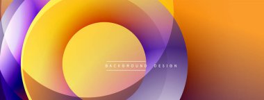 Soyut daireler örtüşüyor, canlı turuncu ve mor renkler yaratıyor. Modern tasarım enerji, hareket, görsel cazibe öneriyor.