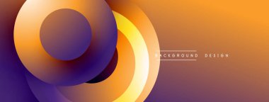 Soyut çemberler çakışıyor ve dinamik bir değişim etkisi yaratıyor. Turuncu, mor renkler tasarımda baskın. Modern, minimalist estetik.