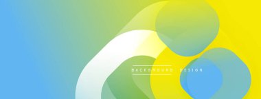 Soyut renkli arkaplan. Üst üste binen daireler dinamik görsel efekt yaratır. Mavi, yeşil, sarı renkler arasındaki değişimler. Minimalist tasarım.