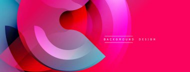 Soyut canlı tasarım üst üste binen renkli katmanlar içerir. Pembe arka planda baskın, mavi, kırmızı aksanlı. Modern estetik.