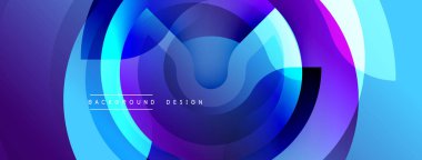 Soyut geometrik katmanlar dinamik görsel efekt yaratır. Mavi, mor renkler karışıyor, dairesel desenler oluşturuyor. Modern tasarım ögesi.