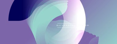 Soyut tasarım özellikleri katmanlı şekiller, yumuşak eğimler. Mor, mavi renkler kompozisyona hakim. Modern estetik, temiz çizgiler sunar.