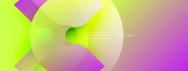 Soyut gradyan şekiller çakışıyor ve canlı bir görsel etki yaratıyor. Renkler yeşilden sarıya, pembeye, mora dönüşüyor. Modern tasarım ögesi.
