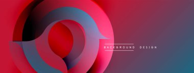 Soyut tasarım katmanlı daireler, gradyan renkler. Kırmızı, mavi renkler harmanlanarak dinamik görsel efekt yaratır. Modern, minimalist stil.