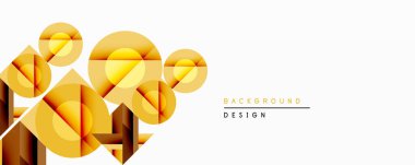 Soyut geometrik bileşim. Üst üste binen daireler, üçgenler dinamik görsel efekt yaratır. Beyaz uzayla çelişen altın renkler egemen. Modern tasarım ögesi.