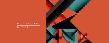 Soyut geometrik bileşim. Turuncu arkaplan kareler, dikdörtgenler, üçgenler gibi üst üste binen şekiller içerir. Teal, kırmızı, siyah renkler dinamik görsel efekt yaratır. Modern tasarım ögesi.