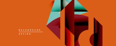 Soyut geometrik tasarım katmanlı şekiller, canlı renkler içerir. Turuncu arkaplan, modern görsel etki yaratan kırmızı ve deniz mavisi elementleri tamamlar. Minimalist stil.