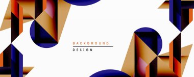 Soyut geometrik şekiller örtüşür, dinamik bileşim yaratır. Beyaz uzaya karşı sıcak renkli, turuncu, derin mavi renkli. Modern tasarım derinliği, dokuyu, görsel ilgiyi çağrıştırıyor.