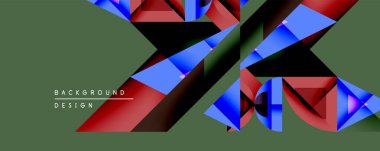 Soyut geometrik tasarım, sessiz zeytin arka planına karşı canlı kırmızı, mavi şekiller içerir. Poligonlar dinamik ve katmanlı görsel efektler yaratır. Modern, minimalist estetik.