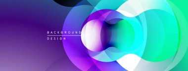 Soyut, enerjik çemberler çakışıyor. Gradyan mor, mavi, yeşil renkler modern tasarım yaratır. Yumuşak geçişler, dinamik kompozisyon.