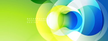 Soyut çemberler çakışıyor, canlı gradyanlar yaratıyor. Yeşil sol tarafa hükmediyor, mavi sağ tarafa geçiyor. Modern tasarım ögesi.
