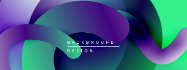 Soyut sıvı şekilleri örtüşür, canlı gradyanlar yaratır. Mor, yeşil, mavi renkler kompozisyona hakim. Modern tasarım ögesi.