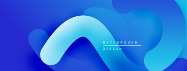Soyut sıvı şekiller, mavi gradyanlar modern arkaplan oluşturur. Minimalist tasarım, pürüzsüz kıvrımlar hareket, derinlik.