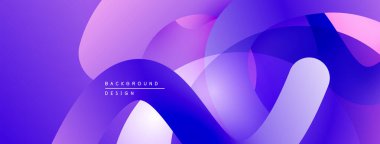 Soyut sıvı şekiller, canlı mor renkler, modern tasarım. Gradyan arka plan dinamik görsel efekt yaratır. Düz eğriler, üst üste binen katmanlar.