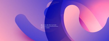 Soyut sıvı şekilleri pembe, mor ve mavi renkleri harmanlıyor. Modern tasarım hareketi, yumuşaklığı, görsel ilgiyi çağrıştırıyor. Gradyan arkaplan derinlik yaratır.