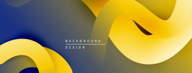 Soyut sıvı şekilleri kesişir. Sarı, lacivert, gri tonlar dinamik bileşim oluşturur. Arka planlar için modern tasarım ögesi.