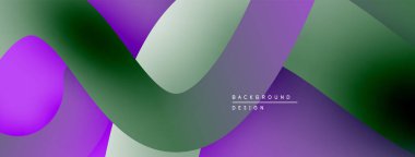 Soyut eğimler çakışıyor, akışkan şekiller yaratıyor. Mor, yeşil renkler tasarımda baskın. Minimum metin mevcut, arkaplan odaklı.