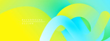 Soyut sıvı şekiller, canlı sarı, yeşil, turkuaz renkler harmanlarlar. Modern tasarım dinamik görsel deneyim yaratır. Düzen eğimleri kompozisyona hakim.