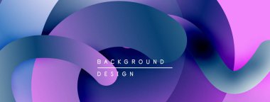 Soyut sıvı şekiller harmanlanır, canlı mor, mavi renkler yaratır. Modern tasarım hareketi çağrıştırıyor, derinliği. Arkaplanda metin ögeleri.