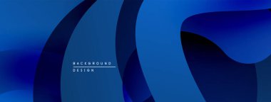 Soyut mavi arkaplan. Üst üste binen katmanlar dinamik, akışkan şekiller yaratır. Dereceli gölgeler derinlik sunar, modern estetik.